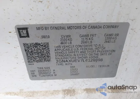 2020 Chevrolet Equinox Awd Lt 1.5L Turbo из США, поврежденный, VIN 2GNAXUEV7L6126998